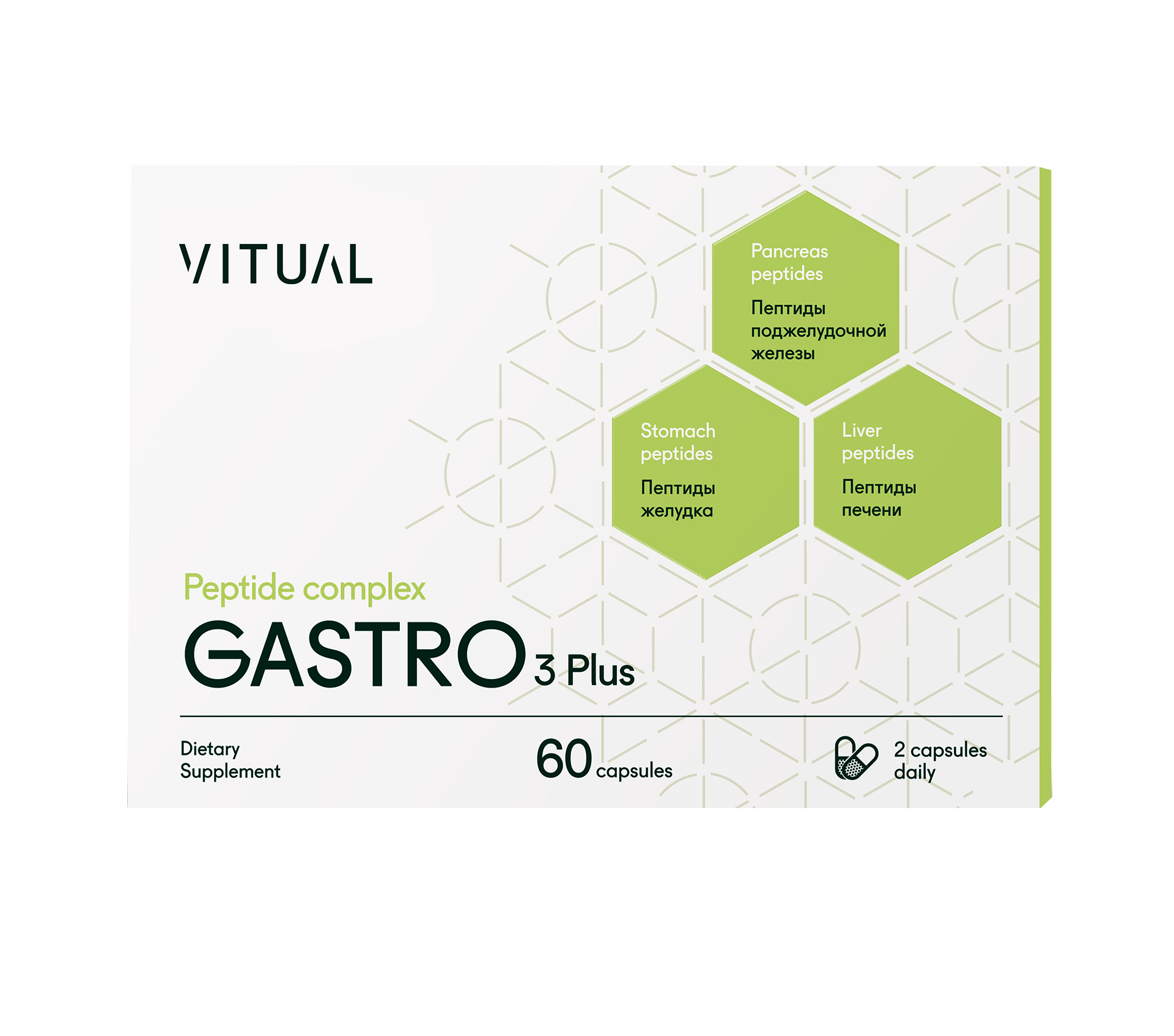 Пептидный комплекс GASTRO 3 Plus, Натуральные пептиды желудка, печени, поджелудочной железы, VITUAL 60 капсул