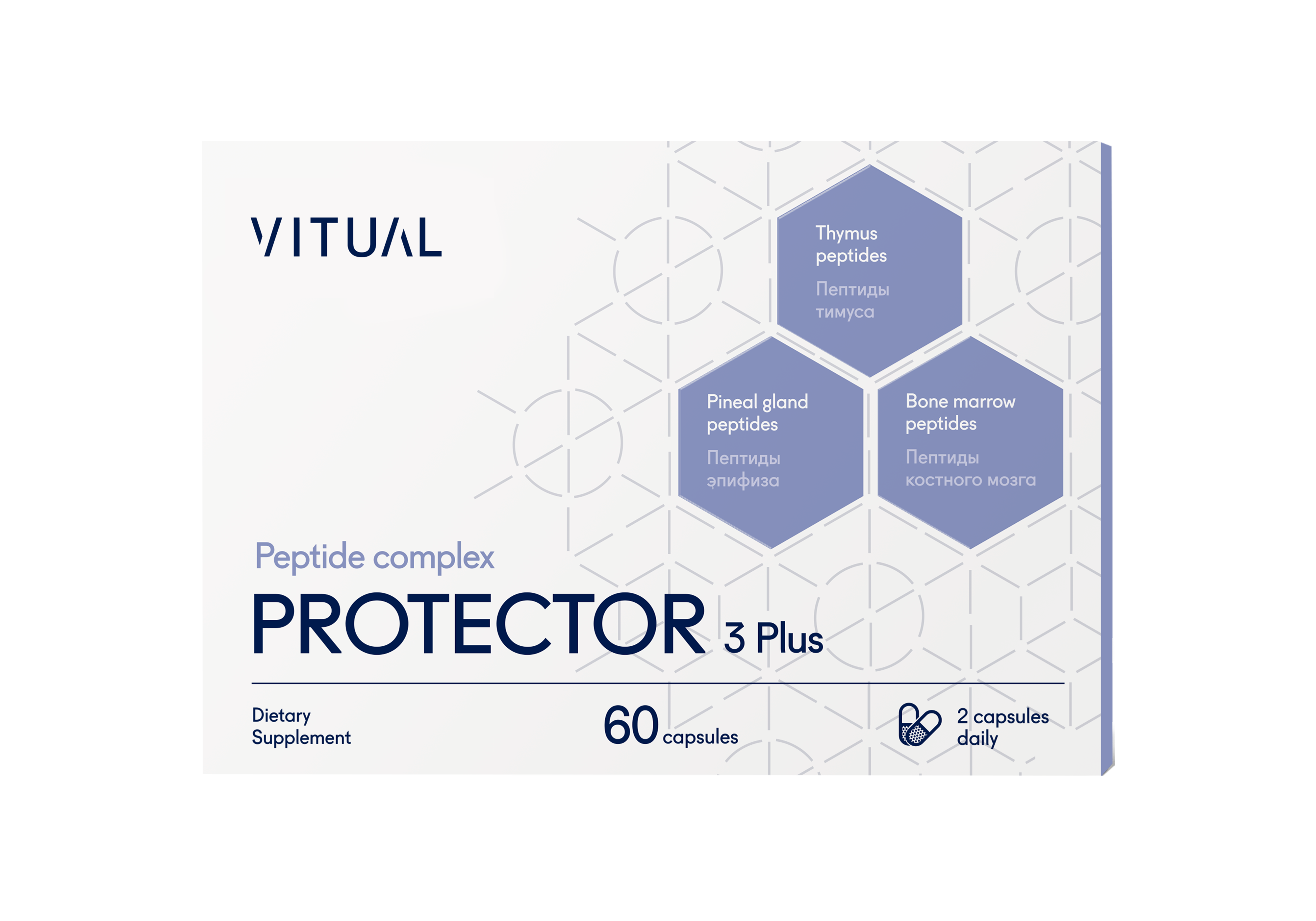 Пептидный комплекс PROTECTOR 3 plus, Натуральные пептиды эпифиза, тимуса, костного мозга, VITUAL 60 капсул